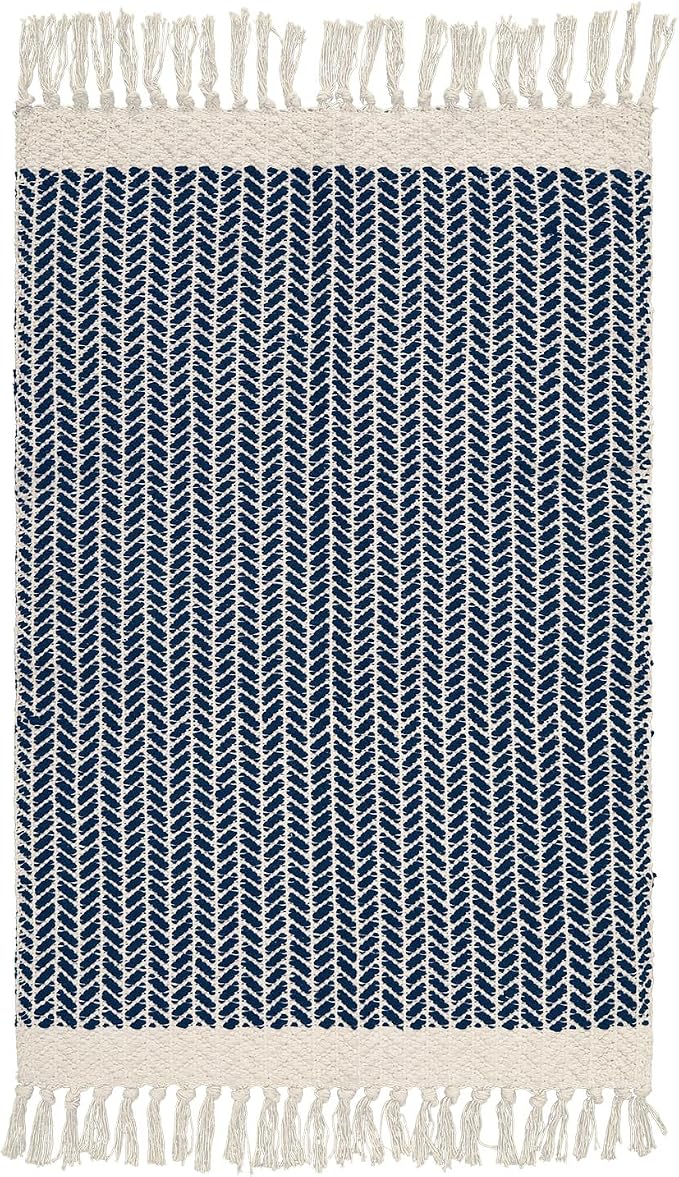 Lahome Boho Bathroom Rugs, Small 2x3 Front Door Mat for Kitchen, Washable | Indoor Entryway Area Rug Woven Cotton with Tassels, Farmhouse Non Shedding Blue Throw Low Pile Carpet for Bath Entry Laundry
