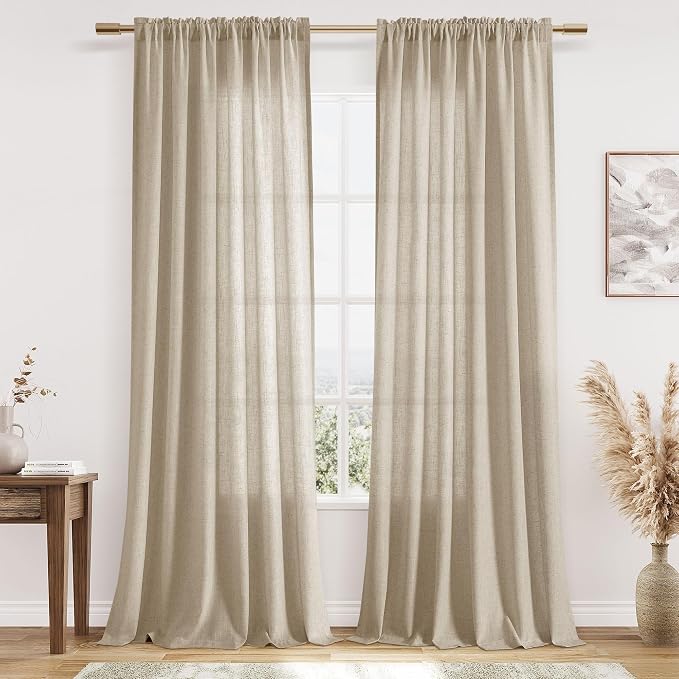 Taupe Burlywood Linen Curtains 102 Inches Long Rod Pocket Semi Sheer Dining Room Cozy Bedroom Decor Cotton Look Country Rustic Farmhouse Boho Curtains 2 Panel Set,52x102