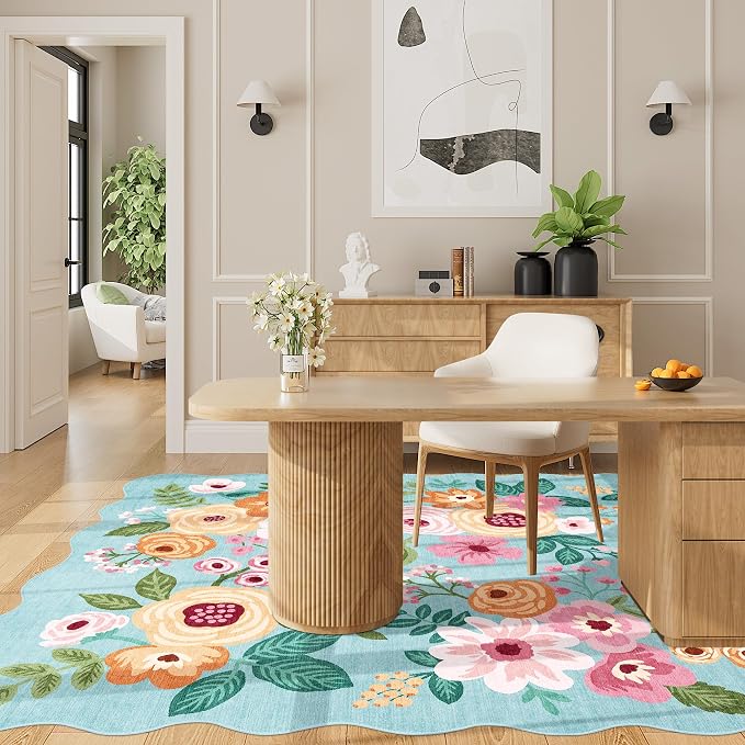 DUKINO 4x6 Area Rug, Non Slip Floral Washable Rug for Living Room, Teal | Low Pile, Stain Resistant, Soft Throw Rugs for Bedroom, Office, Dining Room, Nursery, Pet Friendly, Home Decor, Lightweight
