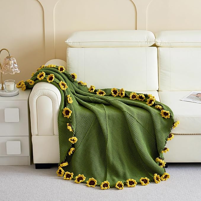 Longhui bedding Crochet Flower Bouquet Throw Blanket, Handmade Knitted Blanket with Sunflower, Cute Romantic Gift for Her Girlfriend Mom Mother’s Day Valentine Wedding Anniversary Birthday, 60 Inches
