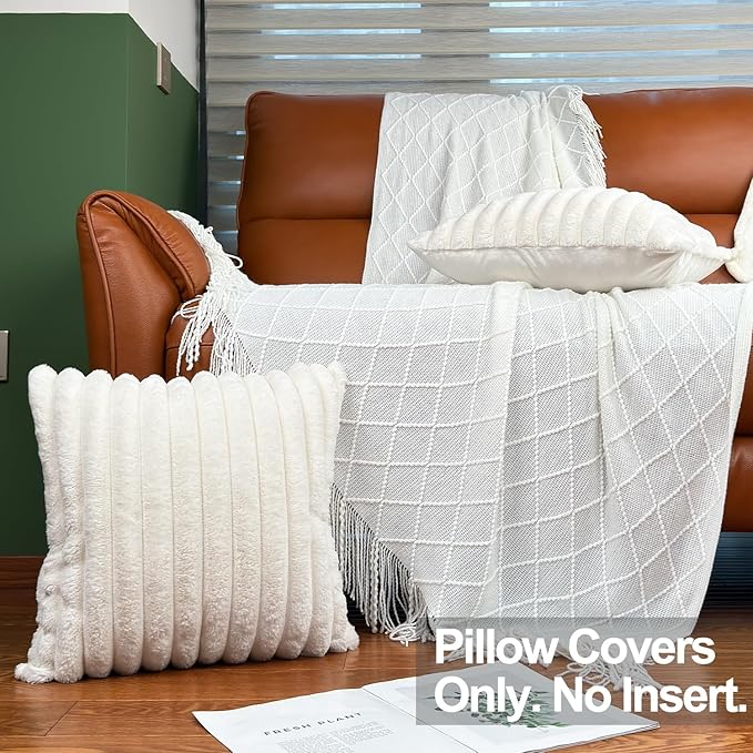 COTEY 24x24 Decorative Faux Fur Throw Pillow Covers Set of 2- Cream White