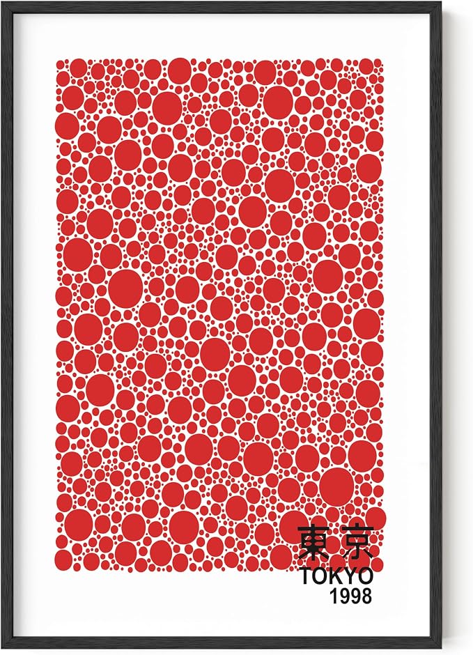 HAUS AND HUES Japandi Framed Posters – Red Japanese Yayoi Kusama Inspired Art, Circle Wall Art, Abstract Modern Japan Poster, Framed Wall Decor (24x36 Framed)