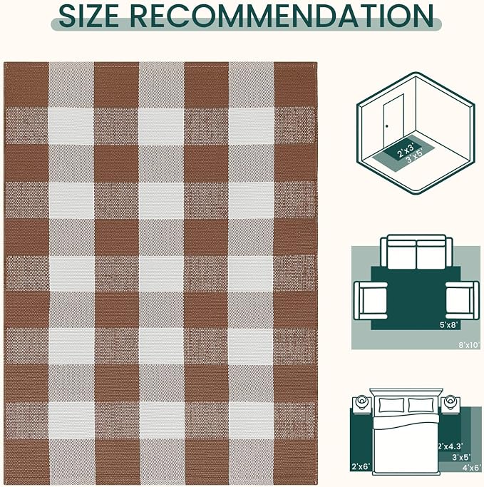 KOZYFLY Buffalo Plaid Area Rugs 2x3 Ft Brown and White Rug Front Door Mat | Washable Front Door Mat, Woven Cotton Outdoor Rug, Indoor Small Checkered Rug for Front Porch Kitchen Entryway Patio