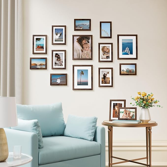 Vittanly 15 Pack Picture Frames Collage Wall Decor, Wall/Tabletop Display | Brown, Multi-Size Gallery Wall Frame Set: 3pcs 8x10, 6pcs 5x7, 6pcs 4x6. Picture Frame Set for Family
