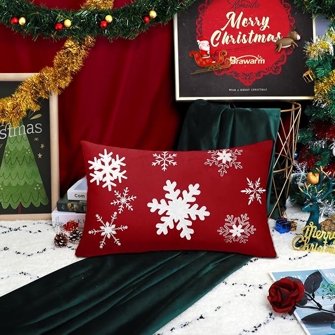 BRAWARM Christmas Pillow Cover 12 X 20 Inches, Christmas Red Snowflake Embroidered Lumbar Pillow Cover, Soft Velvet Decorative Throw Pillow for Couch Bed Sofa Living Room Home