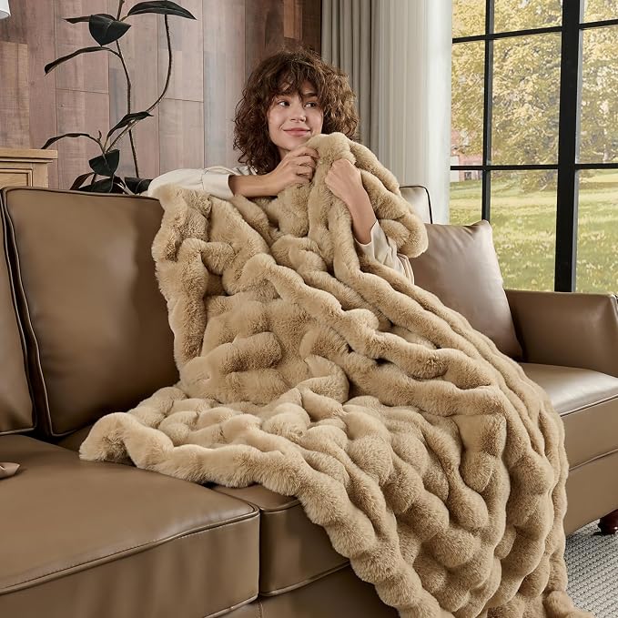 Lotus Karen King Size Faux Fur Blanket Khaki - Big Bubble Rabbit Fluff Blanket for Bed, Large Fluffy Fuzzy Cozy Blanket, Thick Furry Plush Shaggy Blankets, 108x90 Inches