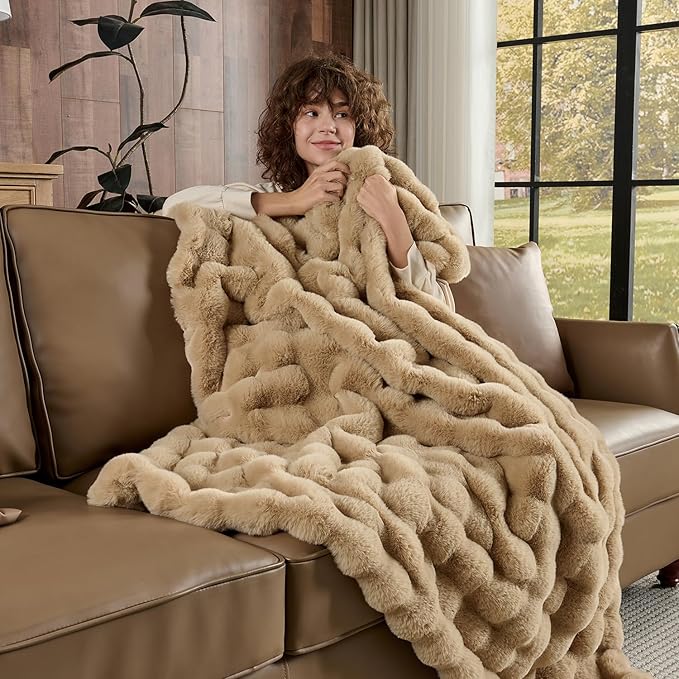 Lotus Karen Faux Fur Blanket - Big Bubble Rabbit Fluff Twin Size, 60x80 Inches
