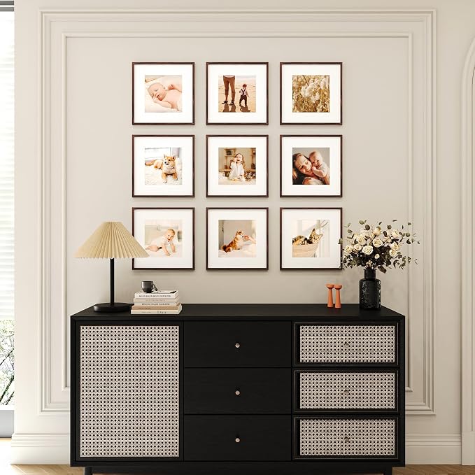 12x12 Picture Frame Set of 9, Display Pictures 8x8 with Mat or 12x12 without Mat, Multi Collage Gallery Square Photo Frames for Wall or Tabletop, Brown