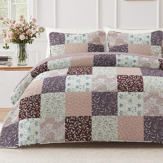 Exclusivo Mezcla Reversible Boho Quilt King Size Brown | Lightweight Soft Bedspreads, All Season Patchwork Coverlet Bedding Set, Printed Floral Pattern, 1 Quilt and 2 Pillow Shams