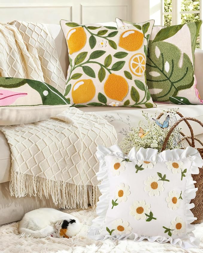 Embroidered Throw Pillow Cover - 18x18 Decorative Pillow Cover with Zipper Aesthetic Cute Design Boho Spring Summer Throw Pillowcase for Living Room Couch Sofa Bed, Ruffle Daisy