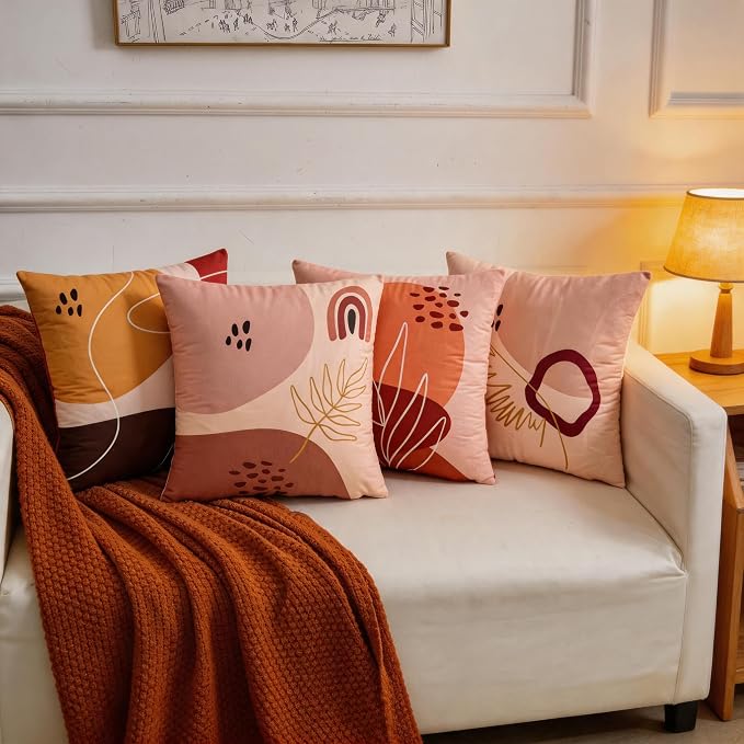 Boho Throw Pillow Covers 18x18 Set of 4 Terracotta Blush Minimalist Abstract Art Cushion Covers with Hidden Zipper, Soft Polyester Double Sided Print, Machine Washable, No Inserts