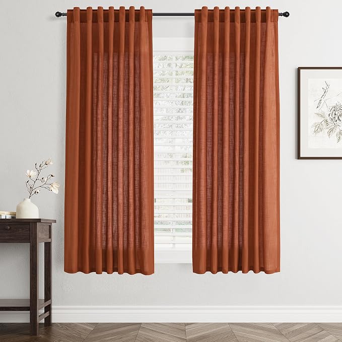 Jowels Terracotta Linen Curtains 63 Inch Long 2 Panels for Living Room | Burnt Orange Light Filtering Semi Sheer Curtain,Back Tab Pocket Pleated Look,Boho Textured Privacy Drapes for Bedroom Window