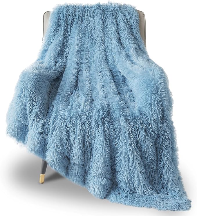 GONAAP Fuzzy Faux Fur Throw Blanket for Couch, Light Blue, 50"x60" | Warm Cozy Plush Shaggy Decorative Reversible Thick Non-Heated Fleece Blanket for Sofa Bed, Gift for Women Men, All Season Use