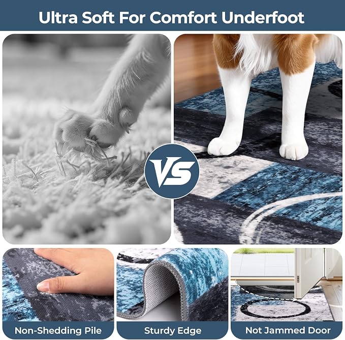 Yamaziot 2x8 Washable Modern Abstract Runner Rug Non-Slip for Hallways | Stain Resistant Kitchen Rug with Rubber Backing, Low Pile, Ultra Soft Carpet Runner for Bedroom, Laundry, Entryway, Blue