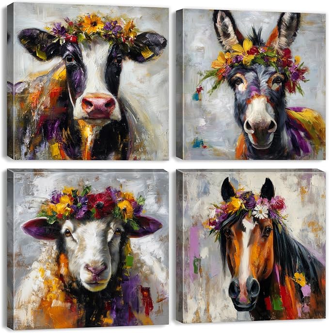 Set of 4 Farmhouse Animal Canvas Wall Art Dinner Room Decoration Abstract Colorful Cow Donkey Horse Sheep Wall Decor 20x20”, Large Vintage Farm Animals Theme Posters Paintings Countryside Artwork