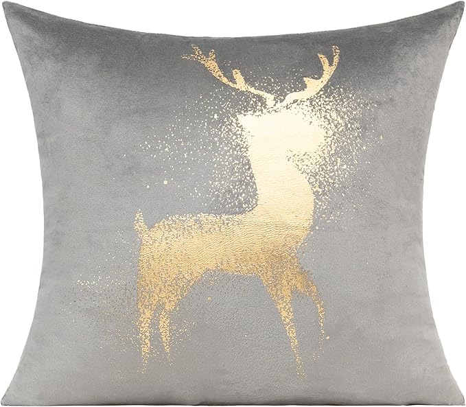 All Smiles Gray Gold Christmas Decorations Throw Pillow Covers Cases 18X18 Set of 4 Winter Xmas Indoor Home Holiday Décor Ornaments Velvet Navidad Cushion for Sofa Tree Snowflake Reindeer