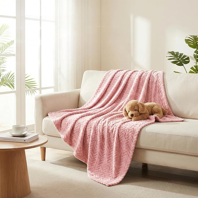 Exclusivo Mezcla Soft Fleece Blanket Twin Size for Bed, Sofa, Pink | 90"x66" Breathable Lightweight Flannel Blanket for Summer, Plush Cozy Jacquard Wave for Home Decor