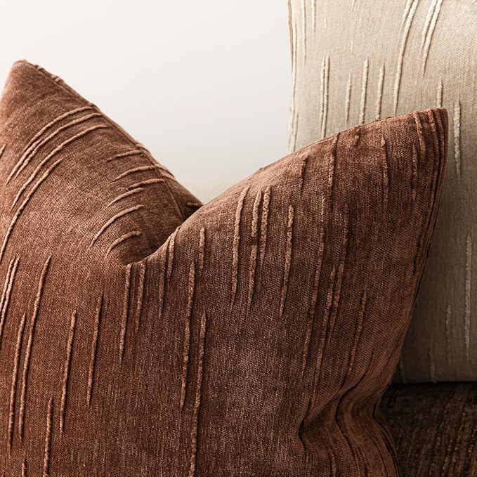 Foindtower Pack of 2 Slubby Textured Chenille Throw Decorative Pillow Covers Square Accent Solid Cushion Cover Cozy Neutral Farmhouse Pillow Case for Couch Bedroom Living Room 18x18 Inch,Red Brown