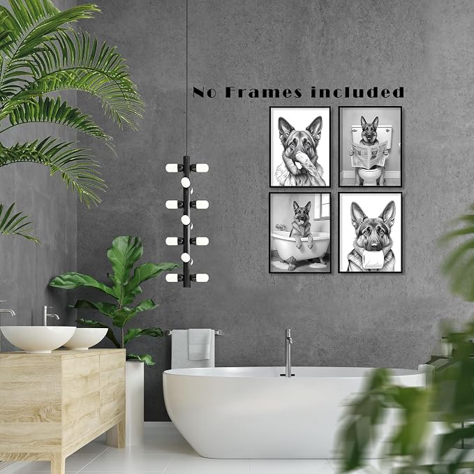LUKIPOM Funny German Shepherd Bathroom Wall Art Prints 12x16 Set of 4, Funny German Shepherd Wall Art Posters for Washroom Restroom Decor, Dog Bathroom Decor, Unframed