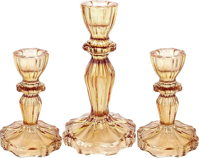 Glass Candlestick Holders Set of 3, Amber Stripe Taper Candle Holders for Table Centerpiece, Home Decorations, Wedding and Party