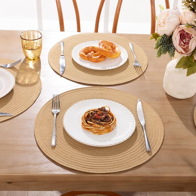 SHACOS 15 inch Round Braided Placemats Set of 6 Cotton Polyester Heat Resistant Round Table Mats Washable Place Mats for Dinner Party Table Decoration (Camel, 6)
