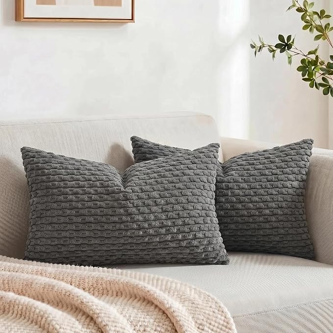 Fancy Homi Set of 2 Dark Gray Lumbar Decorative Throw Pillow Covers 12x20 Inch for Couch Living Room Bed Sofa, Modern Farmhouse Boho Home Decor, Soft Plush Grey Corduroy Rectangle Cushion Case