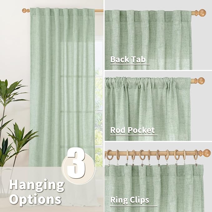 YoungsTex Sage Green Linen Curtains 80 Inch Length for Living Room, Semi Sheer Drapes Light Filtering with Back Tab Rod Pocket for Bedroom Spring Window Treatments, 52 X 80 Inch, 2 Panels