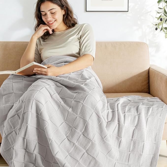 Whale Flotilla Checkered Knit Throw Blanket for Couch, Light Grey | Soft Decorative Knitted Blankets for Couch Sofa Bed, Lightweight Cozy Throws for Spring Summer, 50x60 Inch