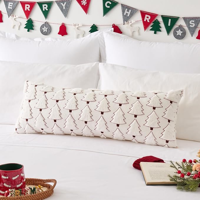 Kevin Textile Christmas Tree 14x36 Inch Long Lumbar 1 Pack Luxury Embroidery Soft Plush Faux Fur Rectangle Cushion Case for Couch Sofa Holiday Festivals Winter Xmas Gift, Cream White & Red