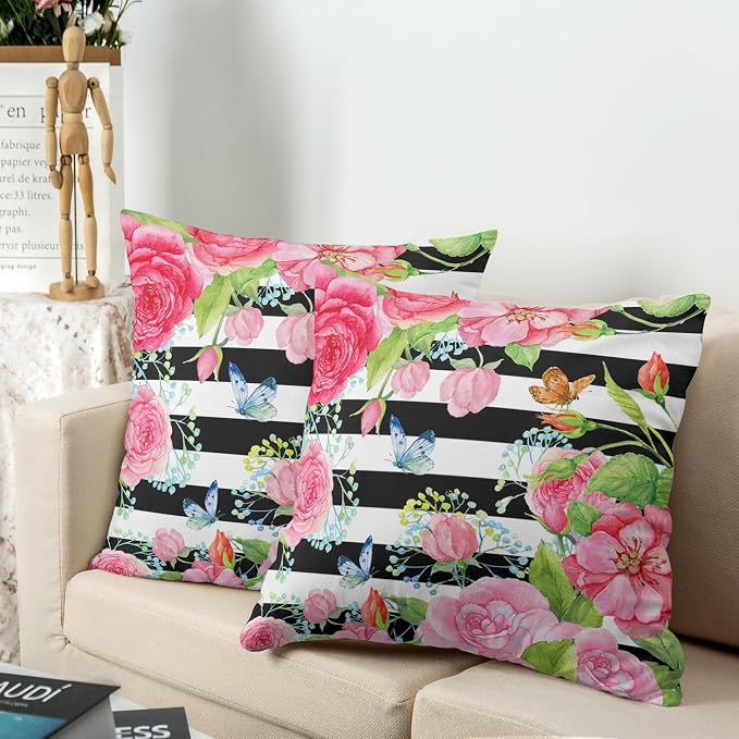 Spring Summer Pillow Covers 22x22 Set of 2 Rose Throw Pillow Covers Butterfly Flowers Pillow Case Black Stripes Cotton Blend Cushion Case for Home Decor Couch Sofa