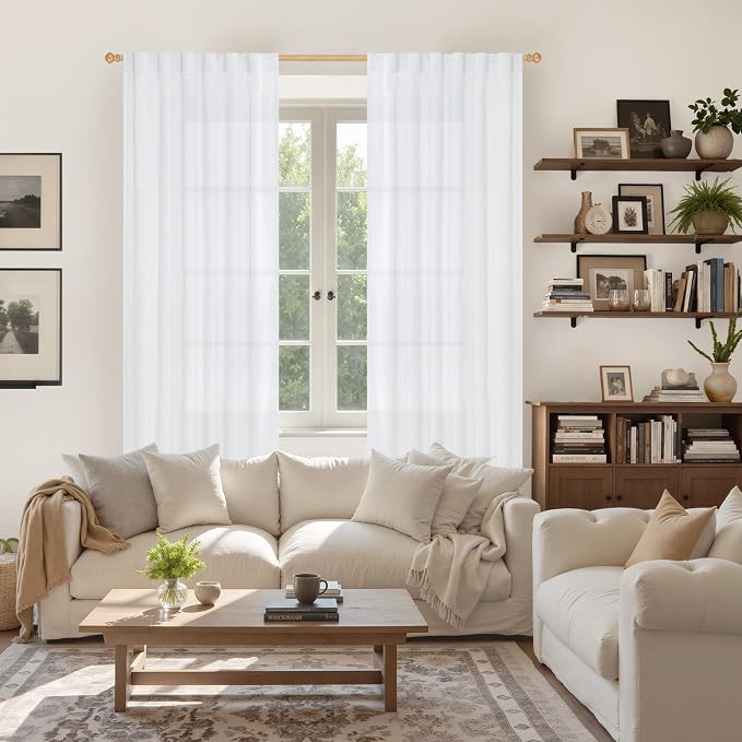YoungsTex White Linen Curtains 63 Inch Length 60 Inch Wide, Semi Sheer Light Filtering Window Drapes Extra Wide with Back Tab Rod Pocket for Living Room Bedroom Rustic Country, 2 Panels