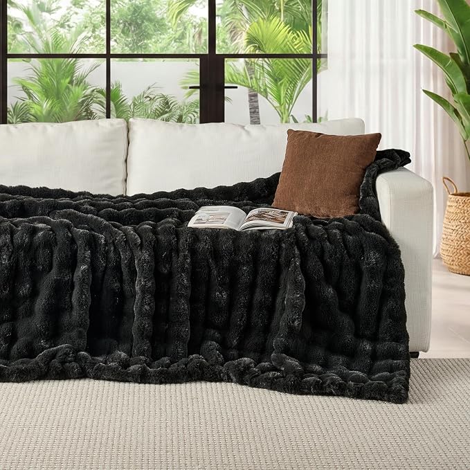 Lotus Karen Faux Fur Throw Blanket Black - Big Bubble Rabbit Fluff Blanket for Couch, Small Fluffy Fuzzy Cozy Blanket, Thick Furry Plush Shaggy Blankets, 50x60 Inches
