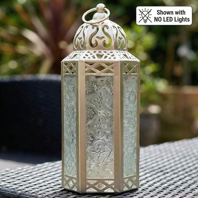 Vela Lanterns Decorative Indoor Fairy Light Candle Holder, White Gold, M | Wedding Table Centerpieces, Ramadan & Eid Mubarak Decorations, Turkish Moroccan Metal Hanging Lamp, Patio, 10.5" Tall