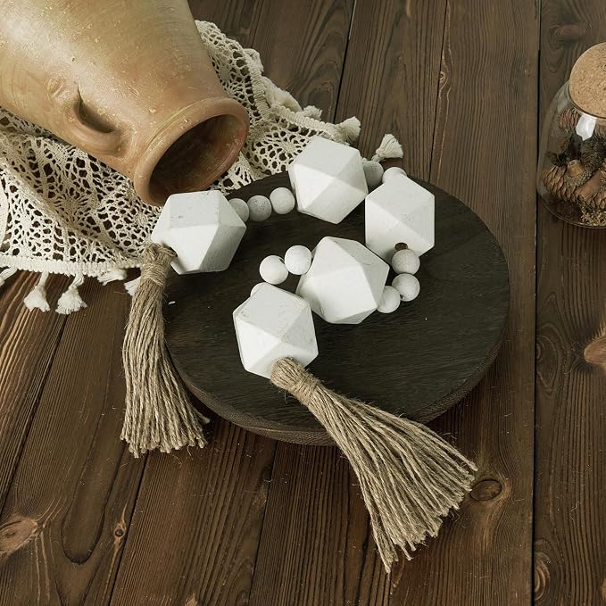 2" Octagonal Extra Large Wood Bead Garland with Tassels, 28" Long Rustic Farmhouse Wooden Beads Garland, Decorative Beads Boho Decorations for Home Table Mantle White