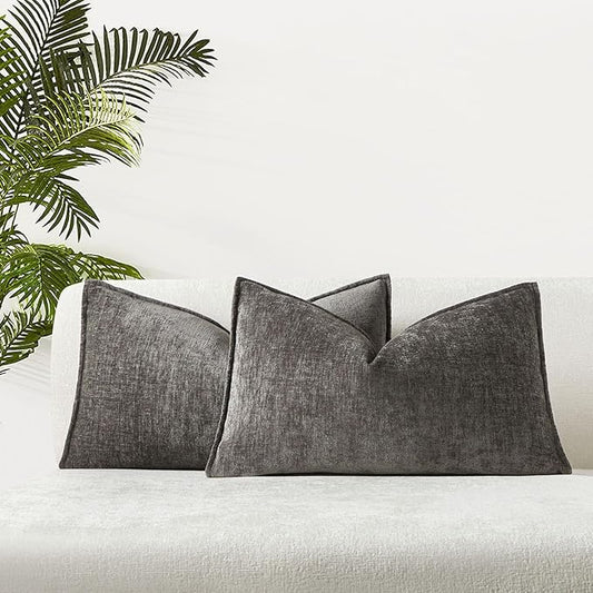 JUSPURBET Set of 2 Dark Grey Chenille Lumbar Throw Pillow Covers 16x24 Inch Soft Textured Decorative Cushion Cases for Couch Sofa Bed Solid Home Decor Pillowcases