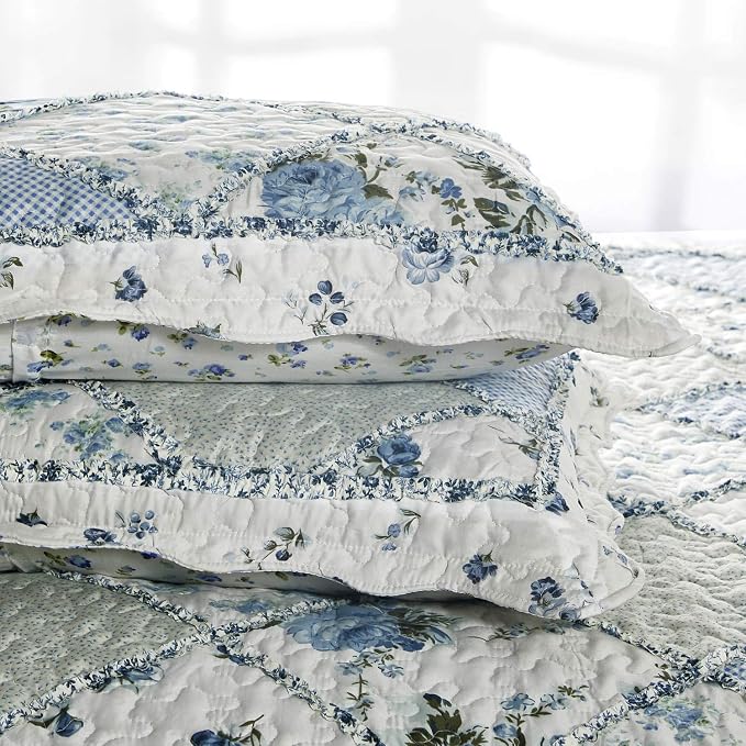 Oversized King Size Quilt Set 128x120 Blue Floral Patchwork Bedspreads Set | 3-Piece Extra Wide Super King Size Bedding Set Rversible Quilted Coverlet Lightweight Comforter Bed Cover with 2 Pillowcases