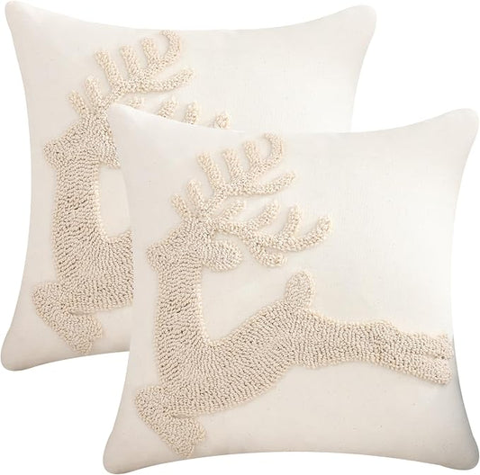Christmas Throw Pillow Covers 18x18 Set of 2 Beige Xmas Reindeer