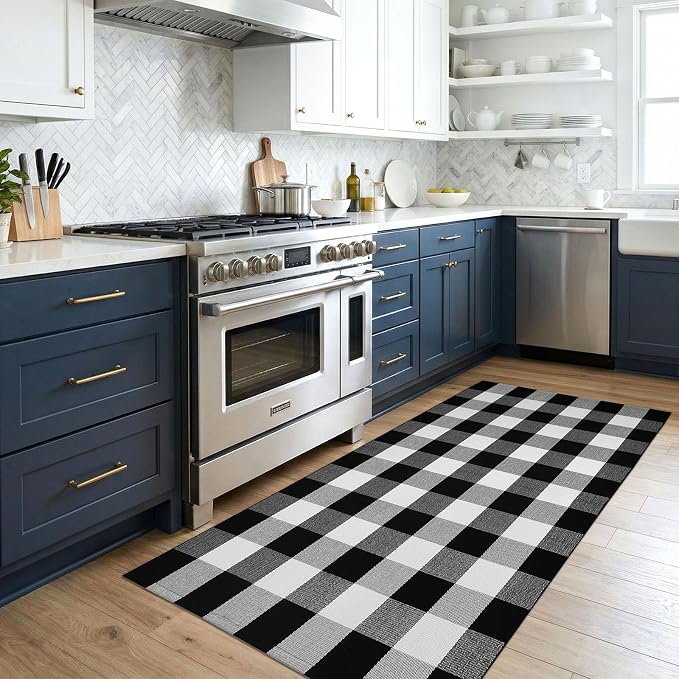 KOZYFLY Buffalo Plaid Area Rugs 3x5 Ft Black and White Checkered Rug Washable Front Door Mat Hand Woven Cotton Outdoor Rug Large Rug for Front Porch Kitchen Entryway Patio Bathroom | Washable Front Door Mat, Woven Cotton Outdoor Rug, Large Rug for Fron...