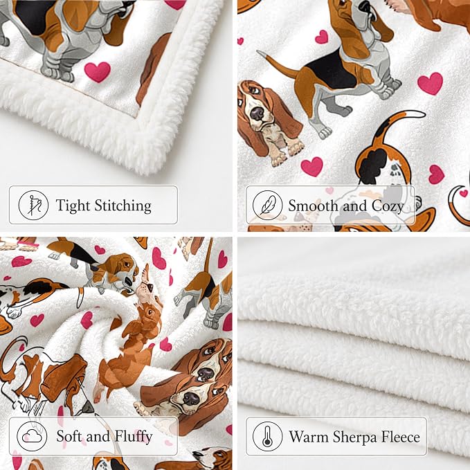 BlessLiving Throw Blanket, White Brown Dog Animal, 60x80 in | sherpa fleece fabric, Basset Hound Dense Pet Blankets Puppy print, for couch or sofa, pet lovers, easy machine care