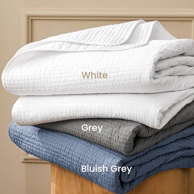 Love's cabin Queen Size Cotton Quilt Set, 100% Cotton Fabric Striped Textured Coverlet with Crinkled Look, Lightweight Quilted Bedspread for All Season, Includes 2 Pillow Shams, Bluish Grey | Lightweight
