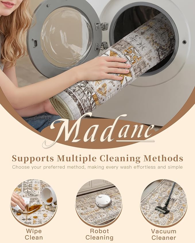 Madane 5x7 Area Rugs for Living Room, Non-Slip Washable Rug, Brown/Gold | Ultra-Thin Stain Resistant Vintage Large 5'X7' Carpet, Soft Low Pile Floor Mat For Bedroom Dining Room Office Home Decor