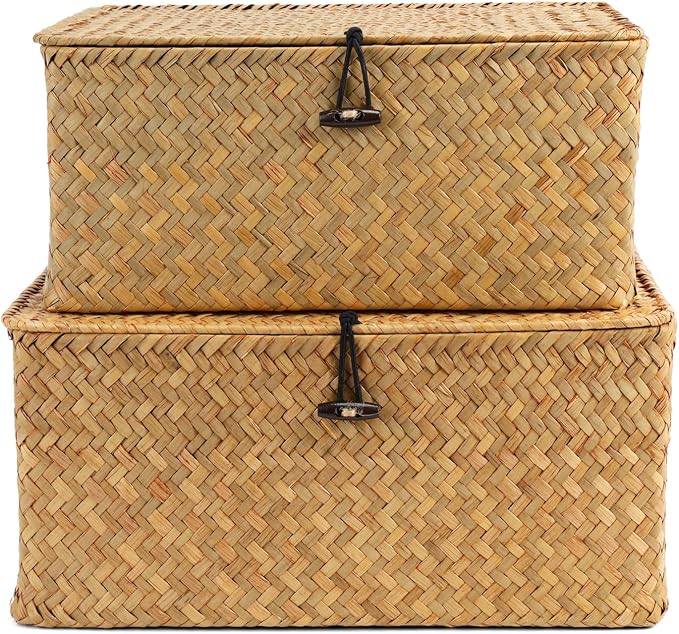 Nonam Wicker Storage Basket with Lid,Seagrass Shelf Basket Set of 2,Natural | Wicker Basket Container for Organizing, Boho Decorative Basket, Rectangular Household Storage Boxes for Home Organization