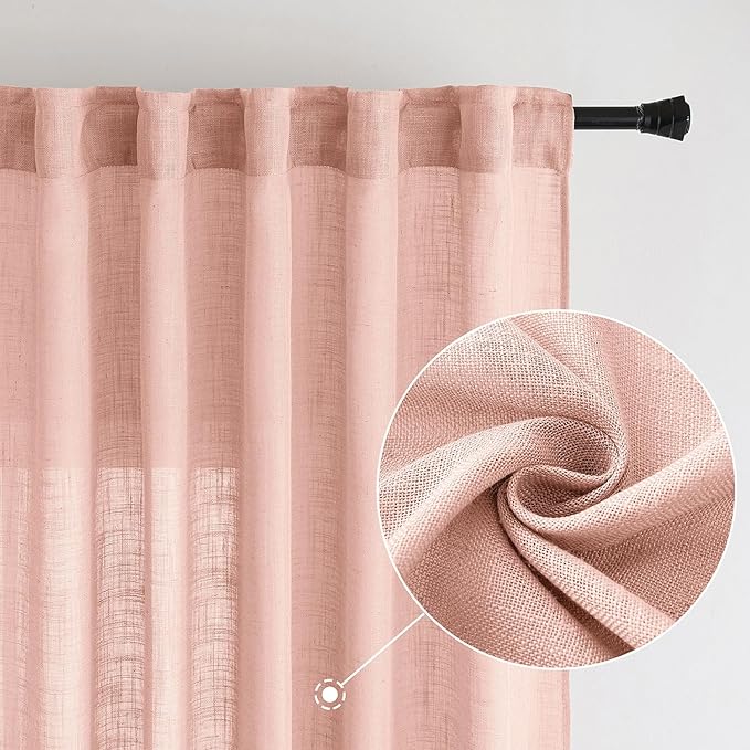 MIULEE Blush Pink Linen Curtains 52x90 Inch Long 2 Panels for Bedroom | Soft Thick Linen Textured Window Drapes, Semi Sheer Light Filtering, Back Tab, Living Room, Light Pink Decor