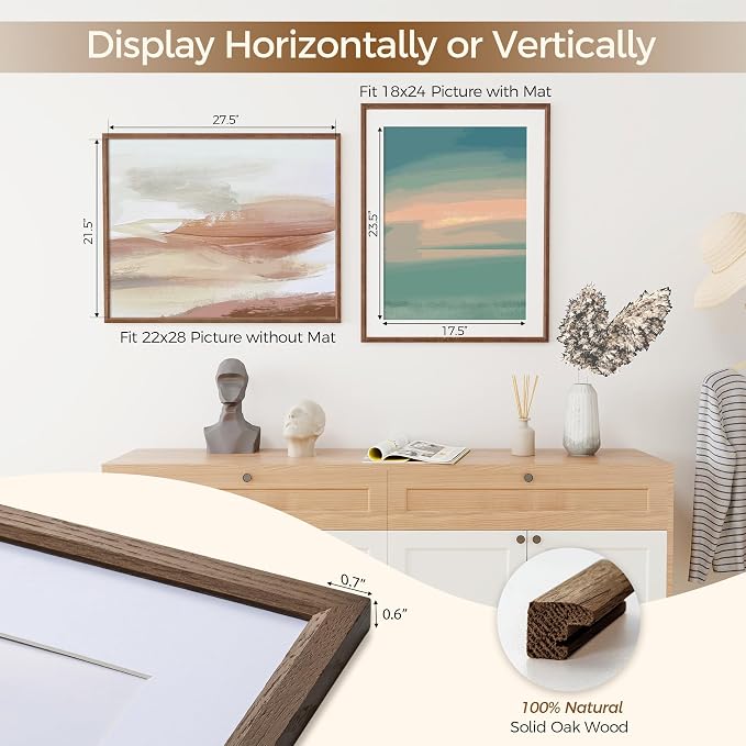 Fun Memories 22x28 Poster Frame, Solid Oak Wood Picture Frames, Modern Photo Frame for Wall 22x28 with 18x24 Mat, High Definition Plexiglass & Wall Hook Included (Walnut, 2 Pack)