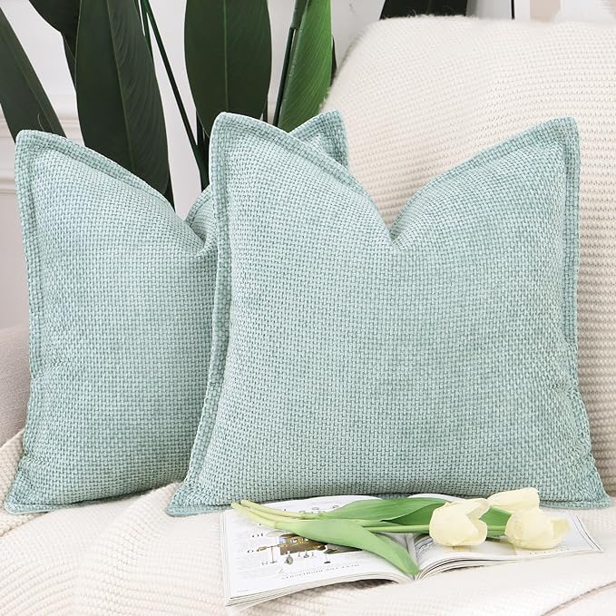 MADIZZ Decorative Chenille Velvet Throw Pillow Covers Set of 2 Soft Boho Textured Neutral Couch Throw Pillow for Bed Modern Farmhouse Home Decor for Sofa Livingroom Aqua Green 18x18 Inch
