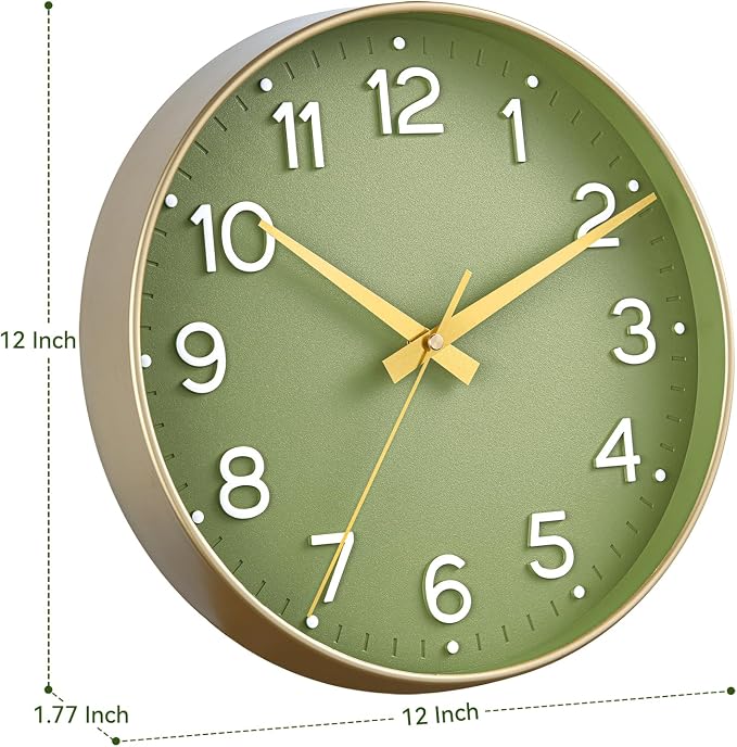 Roymnie 12 Inch Wall Clock Battery Operated Silent Non Ticking Green Analog | Green & gold modern analog; large 3D easy-read dial for kitchen, office, bathroom & bedroom; 1 AA battery (not included)