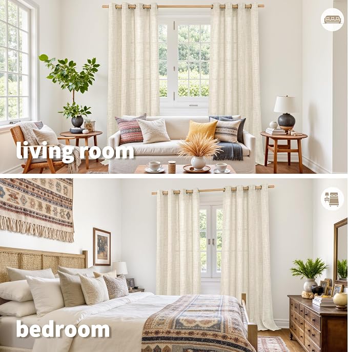 YoungsTex Linen Curtains 98 Inch Length for Living Room Window, Light Filtering Drapes Rustic Semi Sheer with Bronze Grommet Privacy for Bedroom Farmhouse Decorative, 52 x 98 Inch, 2 Panels
