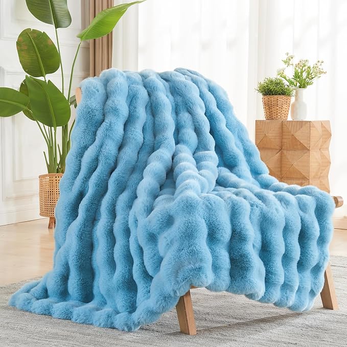 NEWCOSPLAY Faux Fur Thick Bubble Throw Blanket for Couch, Blue, 50"x60" | Luxury Fluffy Thick Warm Bubble Blanket for Couch Sofa Bed 1000GSM, Soft Plush Cozy Decorative Throw, Gift for Women Men