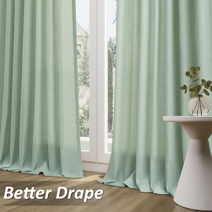 Aqua Green Linen Curtains 84 Inches Long 2 Panel Set Rod Pocket Semi Sheer Dining Room Cozy Bedroom Decor Cotton Look Country Rustic Farmhouse Boho Curtains 52x84