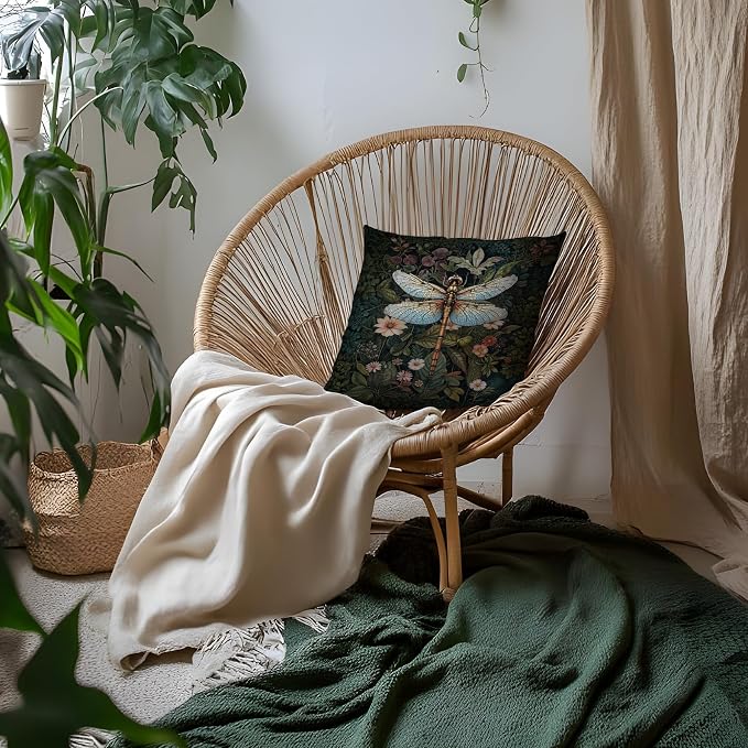 Moody Floral William Morris Dragonfly Pillow Covers 18x18, Dark Cottagecore Room Decor, Dark Academia Botanical Floral Throw Pillow Covers for Home Bedroom, Dragonfly Gifts for Women